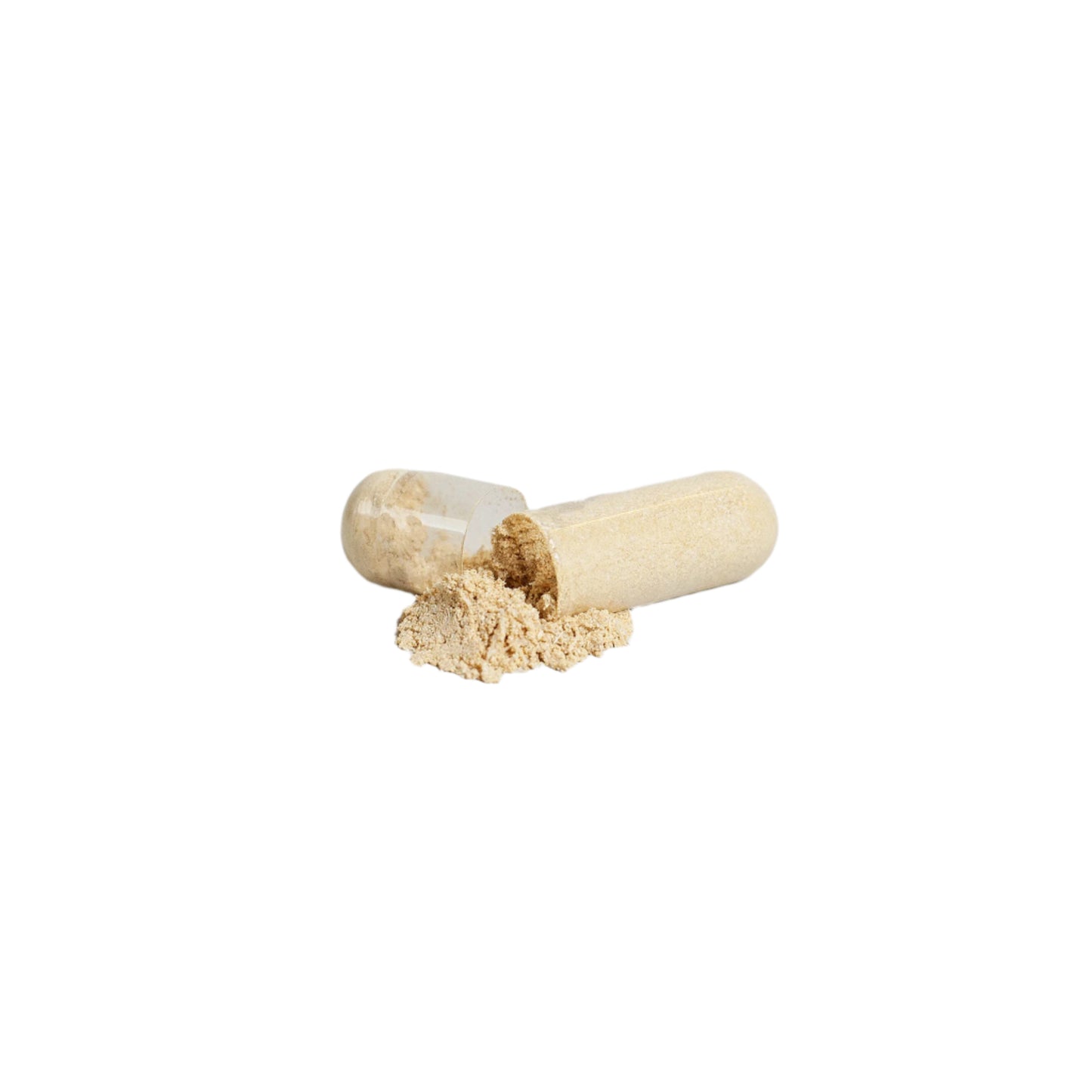 Empty capsule with powdery substance on a white background