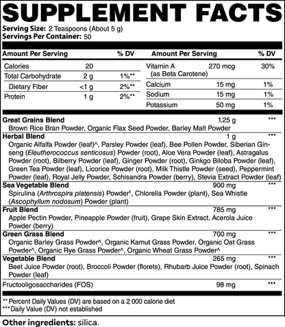Supplement facts label with detailed nutritional information and ingredient list.