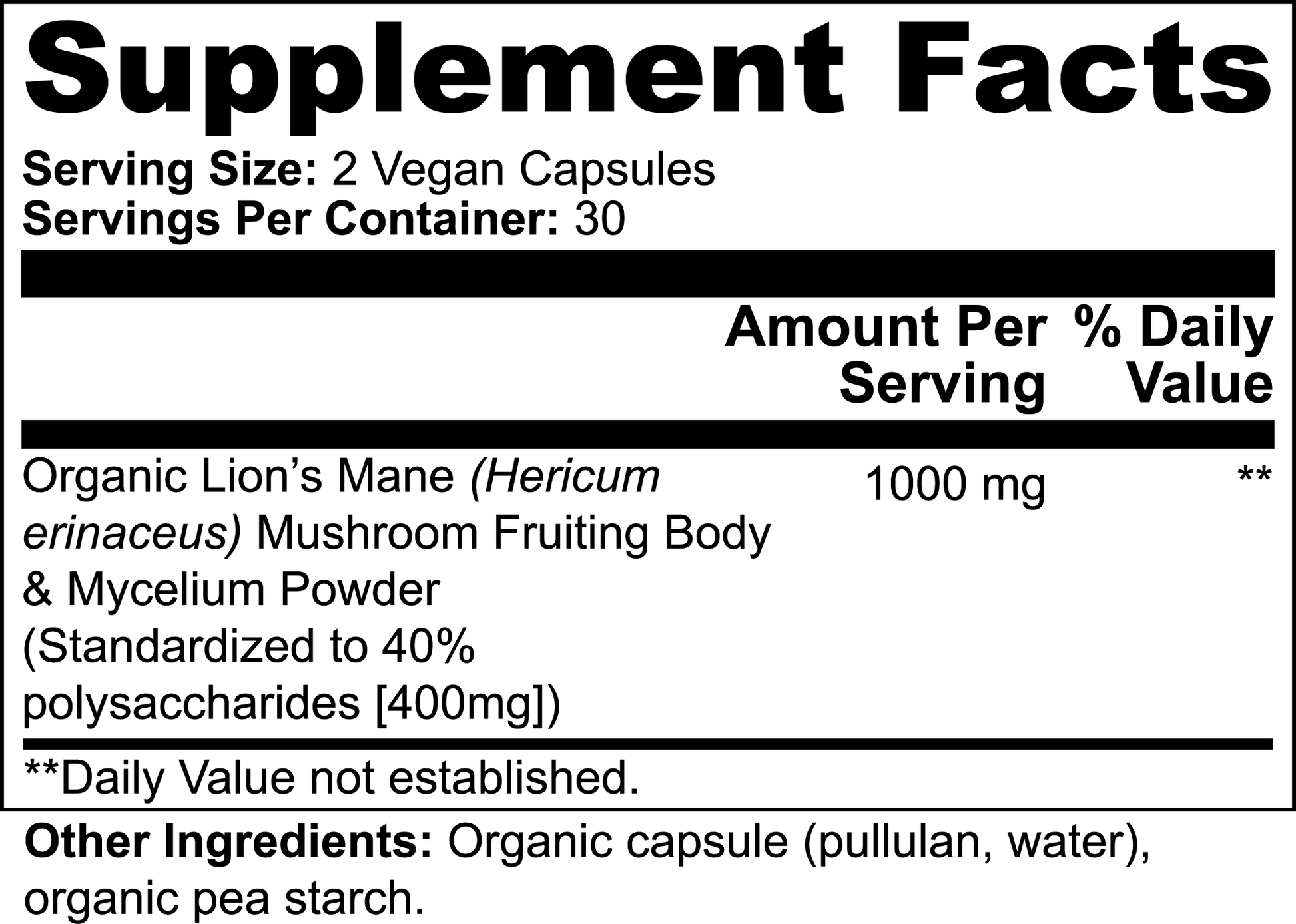 Organic Lion's Mane Mushroom 1000mg Qty 60 Capsules