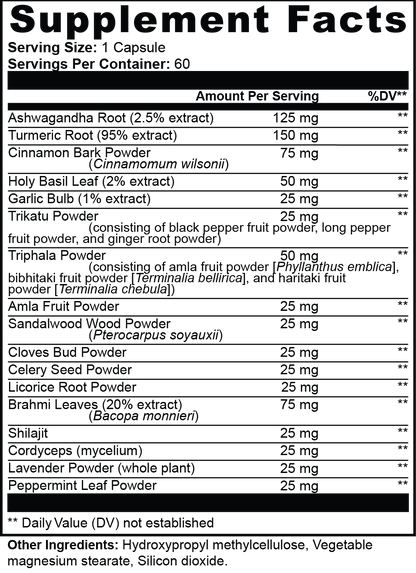 Supplement facts label with various herbal ingredients and their amounts per serving.