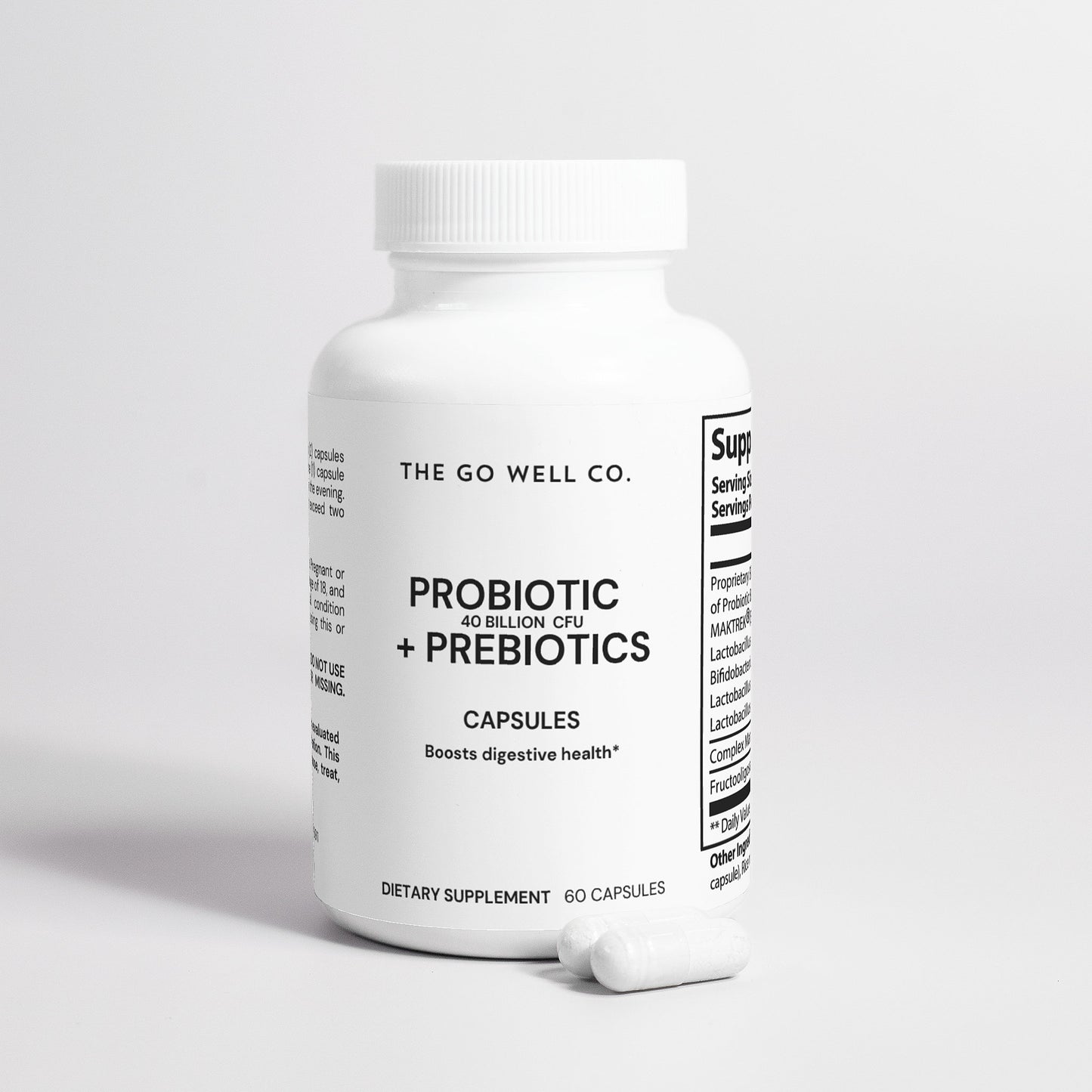 White supplement bottle labeled 'Probiotic + Prebiotics' from The Go Well Co. on a light gray background.