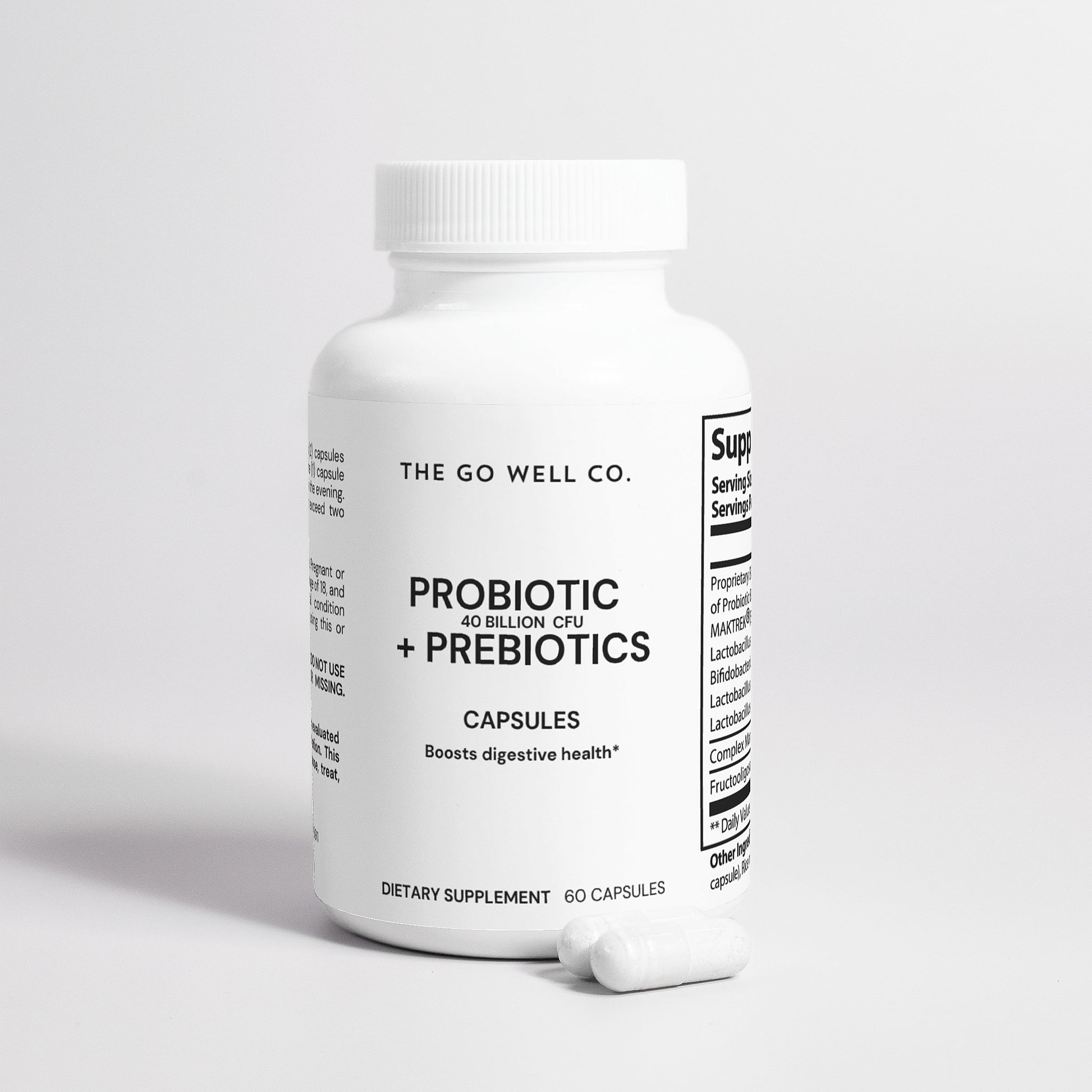 White supplement bottle labeled 'Probiotic + Prebiotics' from The Go Well Co. on a light gray background.