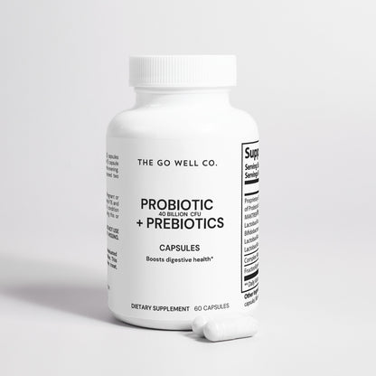 White supplement bottle labeled 'Probiotic + Prebiotics' from The Go Well Co. on a light gray background.