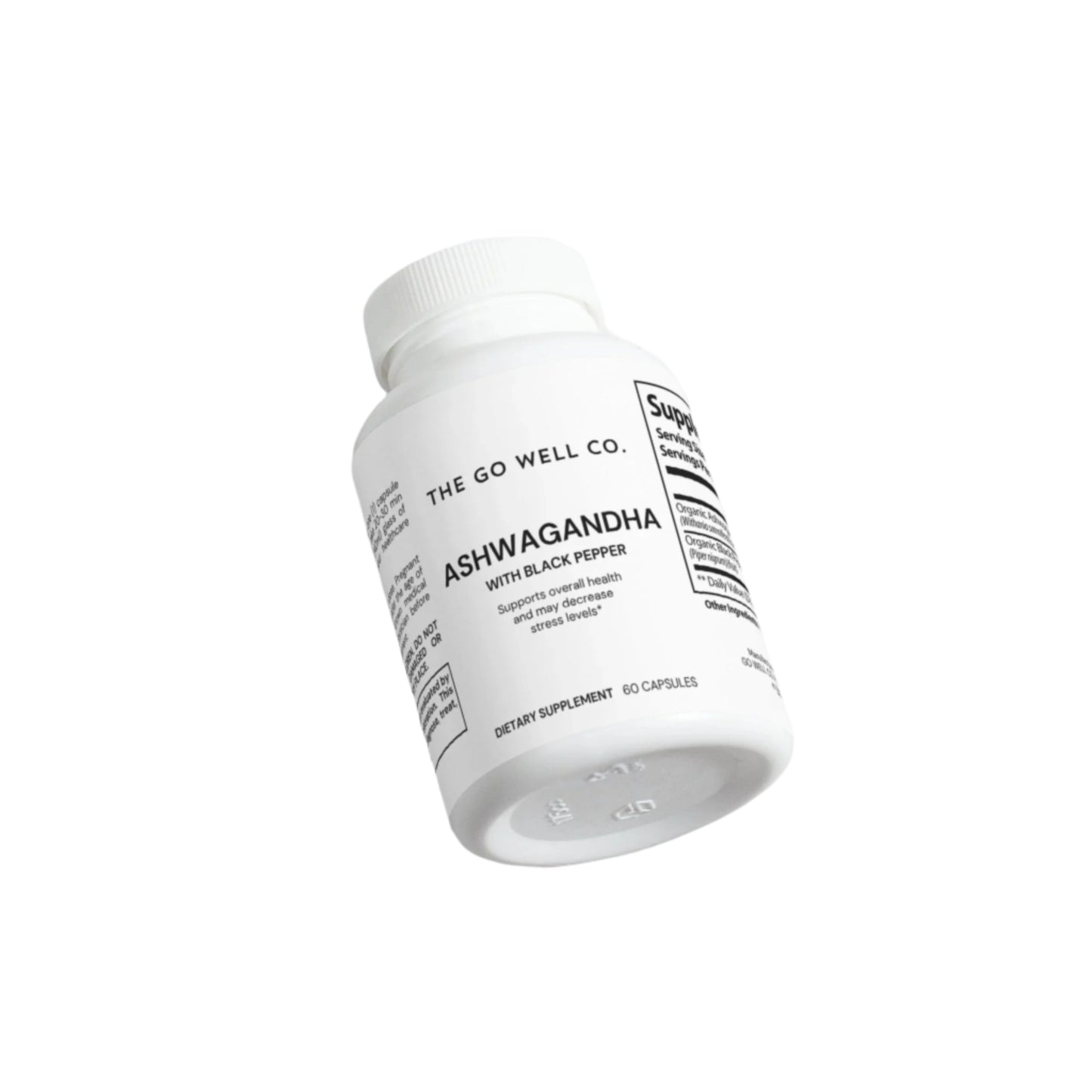 White supplement bottle labeled 'The Go Well Co. Ashwagandha' on a white background
