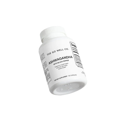 White supplement bottle labeled 'The Go Well Co. Ashwagandha' on a white background