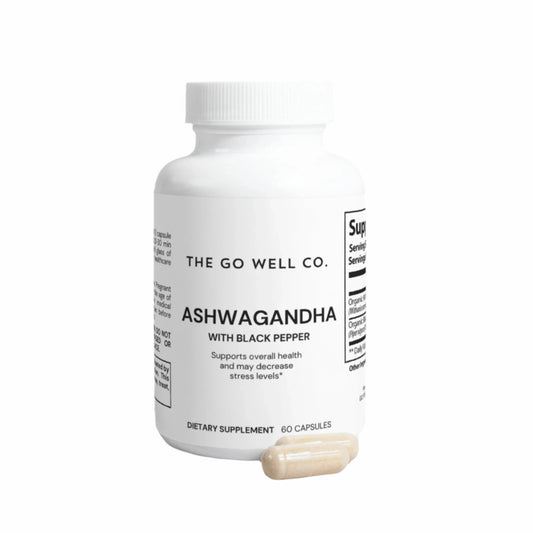 Supplement bottle labeled 'The Go Well Co. Ashwagandha with Black Pepper' on a white background