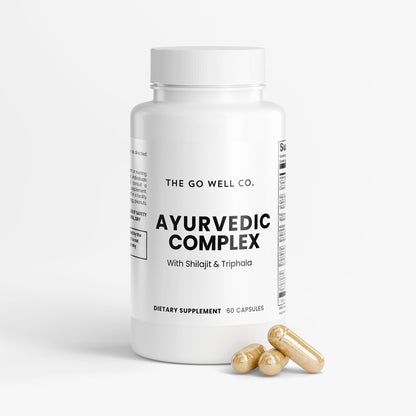 Supplement bottle labeled 'Ayurvedic Complex' from 'The Go Well Co.' on a white background