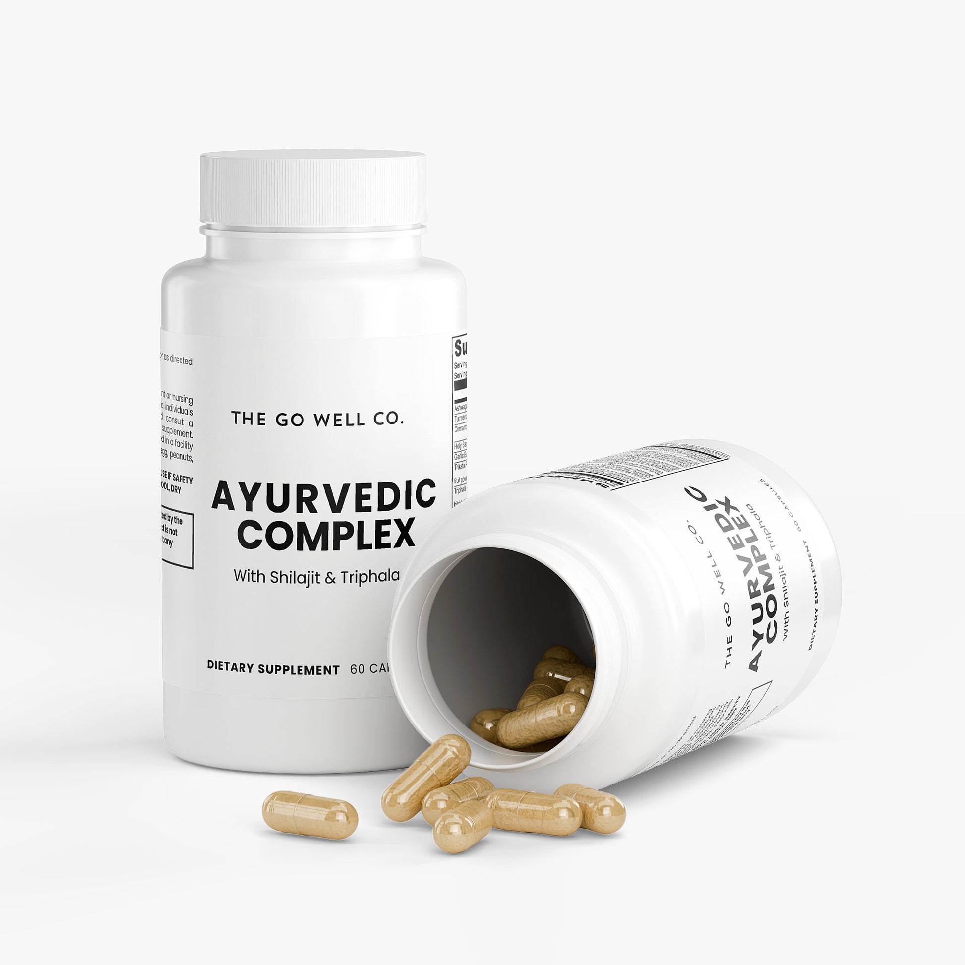 Ayurvedic Complex dietary supplement bottle with capsules on a white background