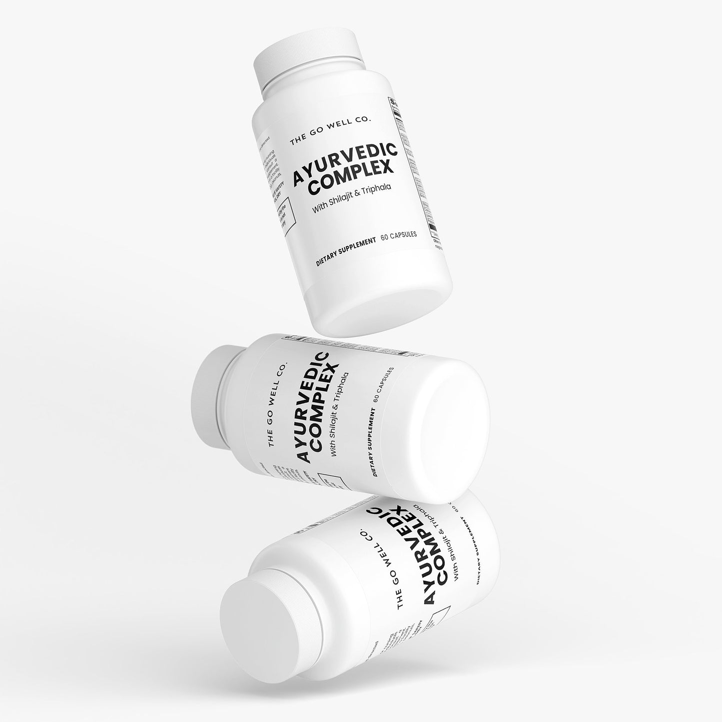 Three bottles of 'Ayurvedic Complex' supplement on a white background