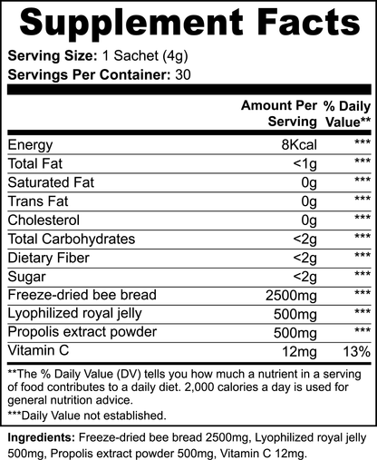 Supplement facts label for freeze-dried bee bread, lyophilized royal jelly, propolis extract powder, and Vitamin C.