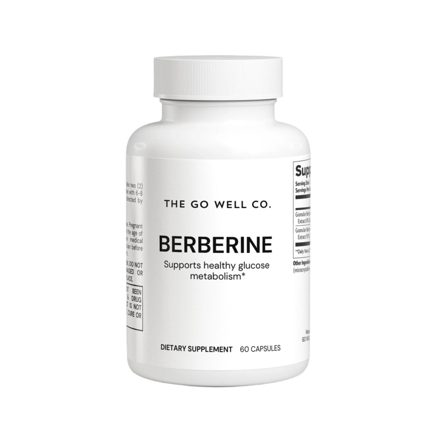 Supplement bottle labeled 'Berberine' from 'The Go Well Co.' on a white background