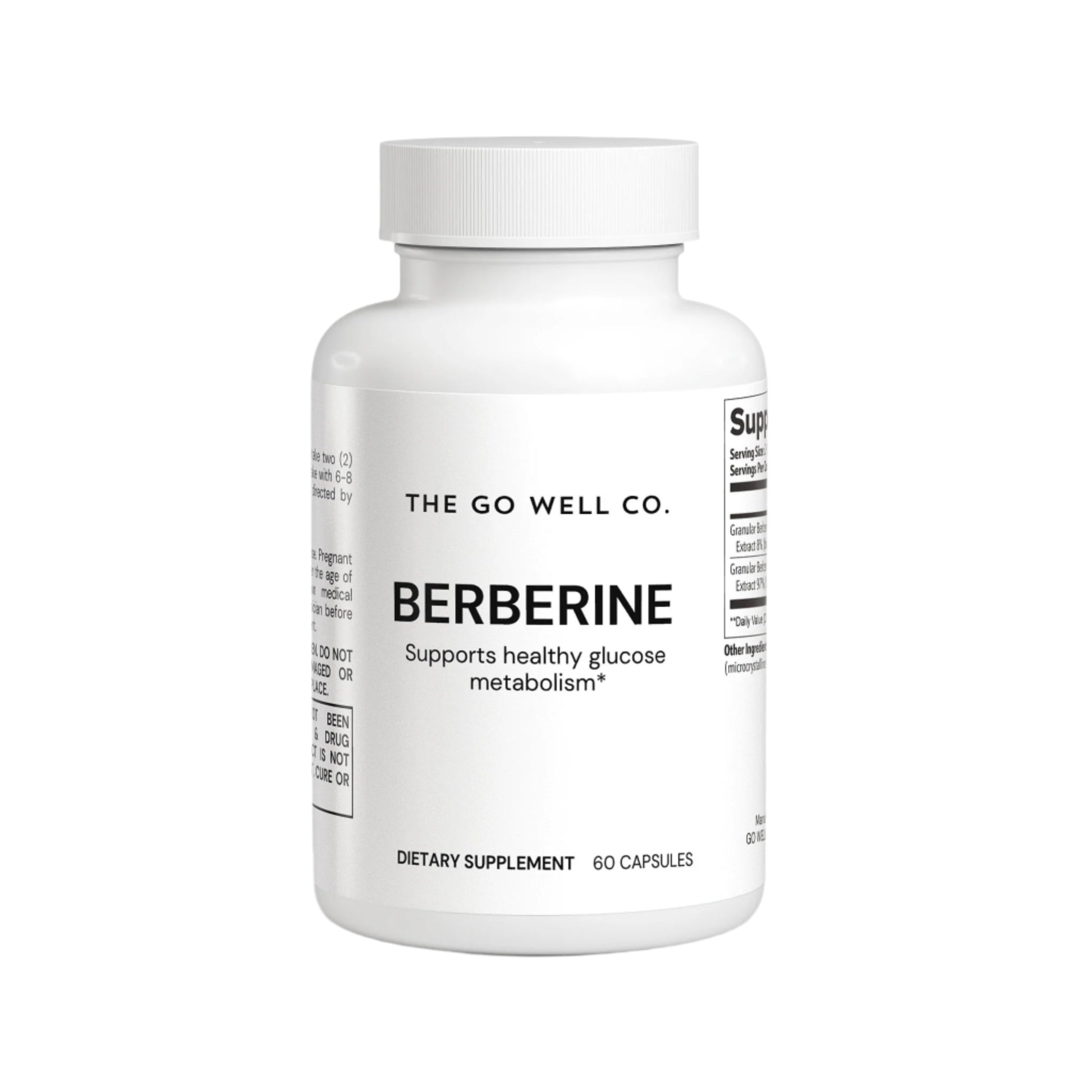 Supplement bottle labeled 'Berberine' from 'The Go Well Co.' on a white background