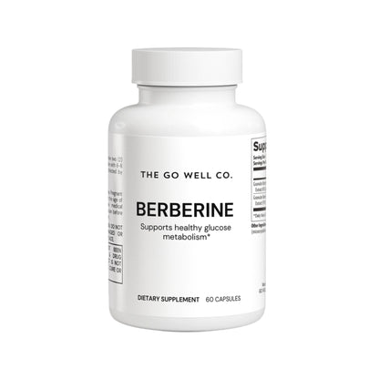 Supplement bottle labeled 'Berberine' from 'The Go Well Co.' on a white background