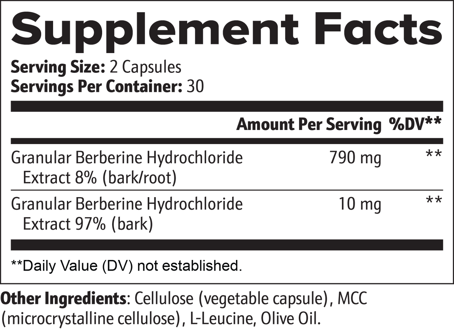 Supplement facts label for a product containing Berberine Hydrochloride with serving size and container details.