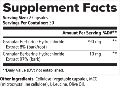 Supplement facts label for a product containing Berberine Hydrochloride with serving size and container details.