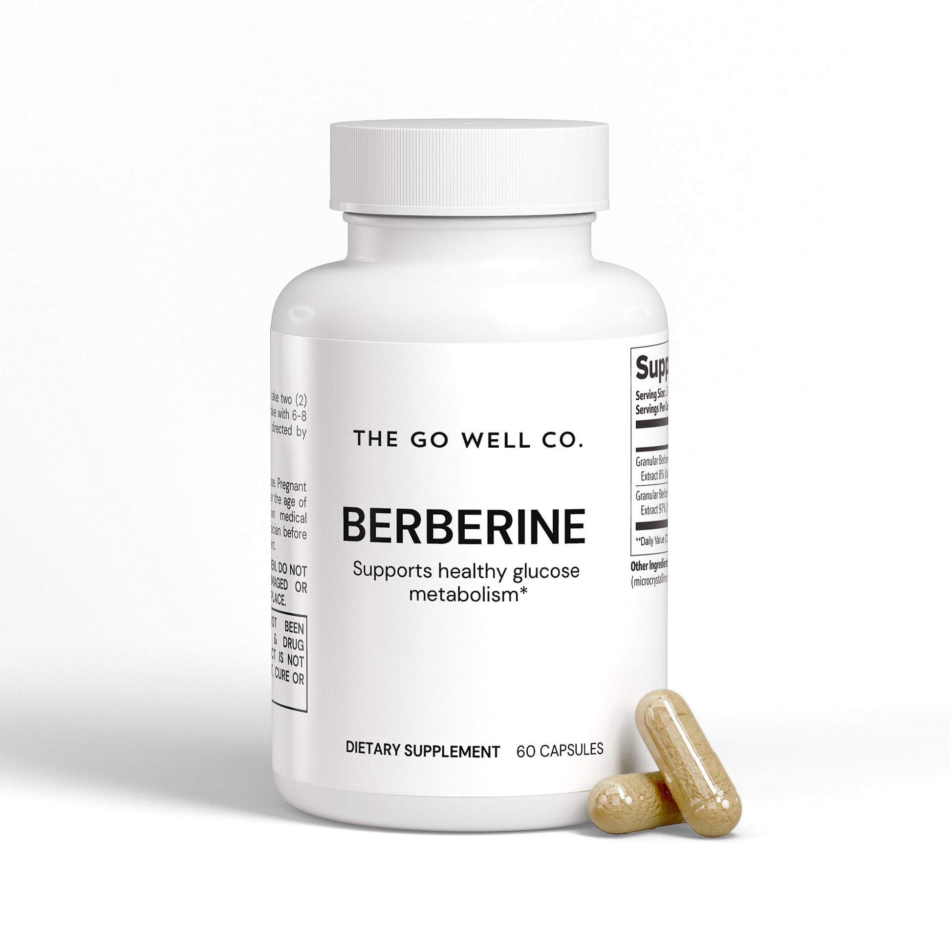 Supplement bottle labeled 'Berberine' from 'The Go Well Co.' on a white background