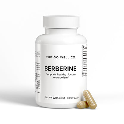 Supplement bottle labeled 'Berberine' from 'The Go Well Co.' on a white background