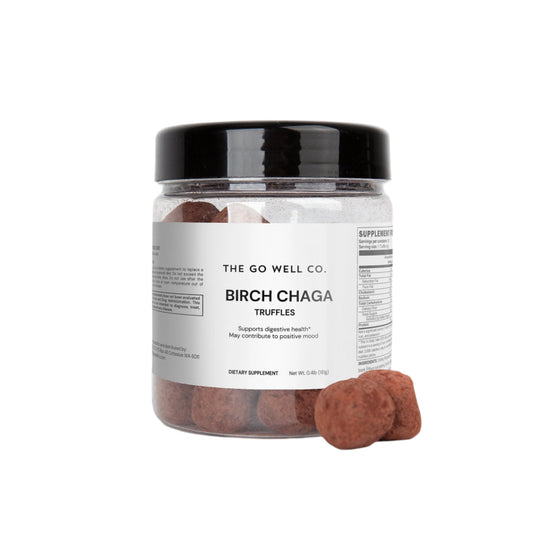 Jar of Birch Chaga truffles from The Go Well Co. on a white background