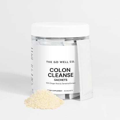Container of 'The Go Well Co.' Colon Cleanse Sachets with white powder on a light gray background