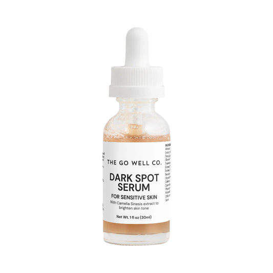 Dark spot serum bottle with dropper labeled 'The Go Well Co.' on a white background