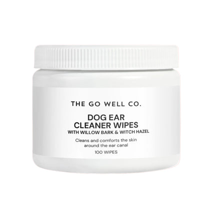Jar of dog ear cleaner wipes from The Go Well Co. on a white background