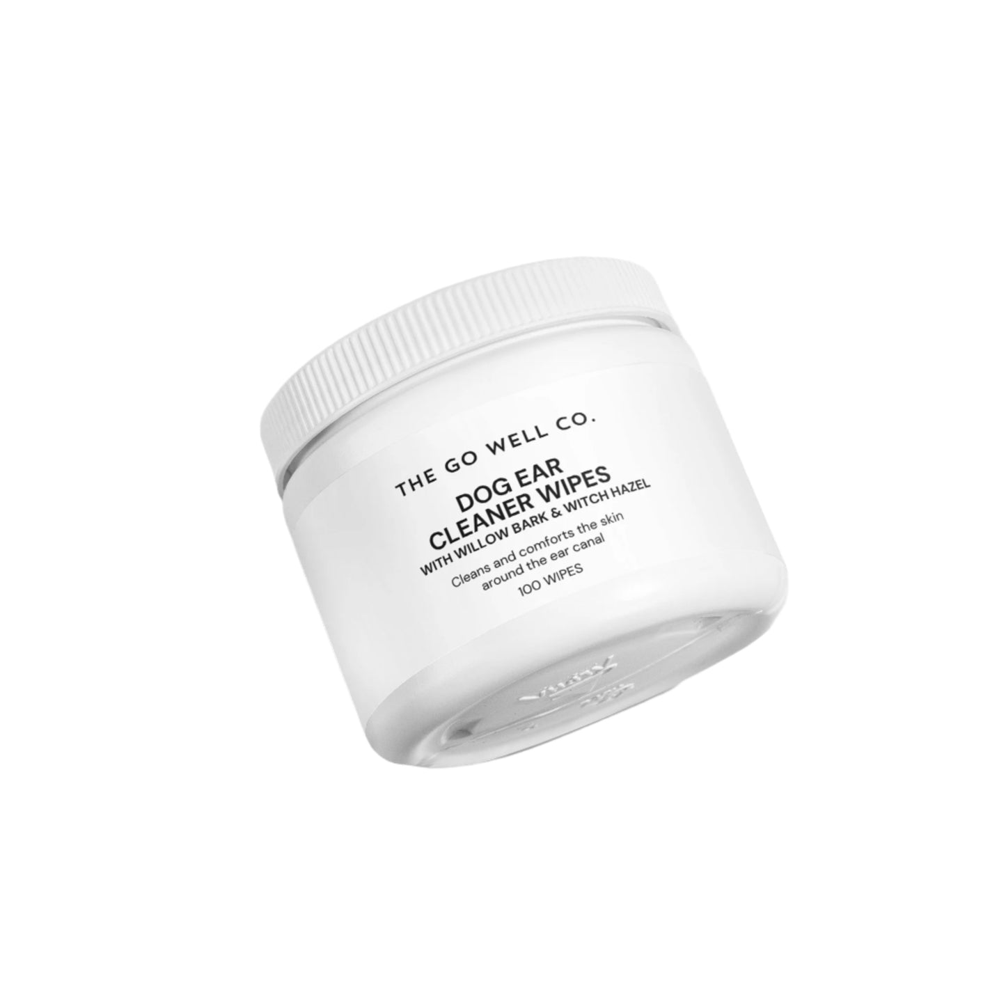 Jar of 'The Go Well Co.' dog ear cleaner wipes on a light gray background