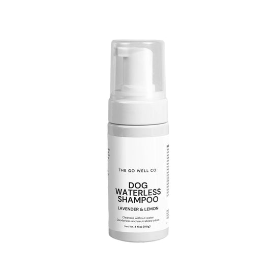 Dog waterless shampoo bottle labeled 'The Go Well Co.' on a gray background