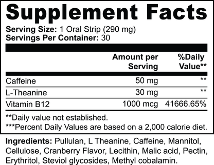 Supplement facts label with caffeine, L-theanine, and Vitamin B12 content on a white background.