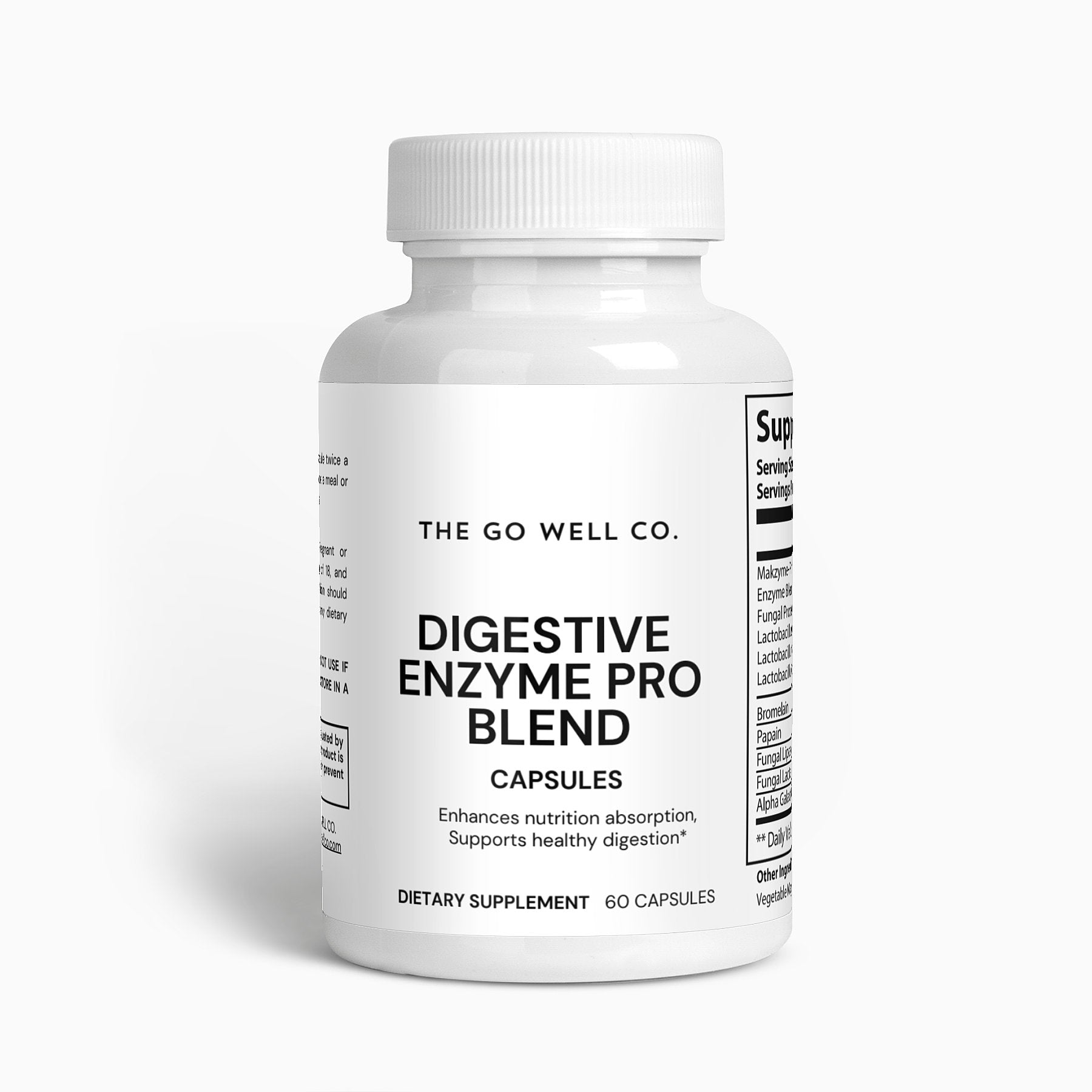 Supplement bottle labeled 'Digestive Enzyme Pro Blend' from The Go Well Co. on a white background