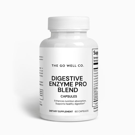 Supplement bottle labeled 'Digestive Enzyme Pro Blend' from The Go Well Co. on a white background