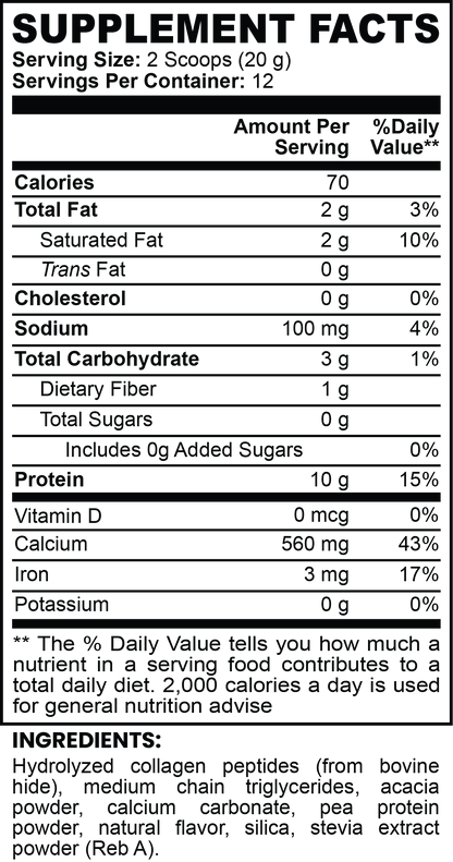 Supplement facts label with nutritional information and ingredients listed.