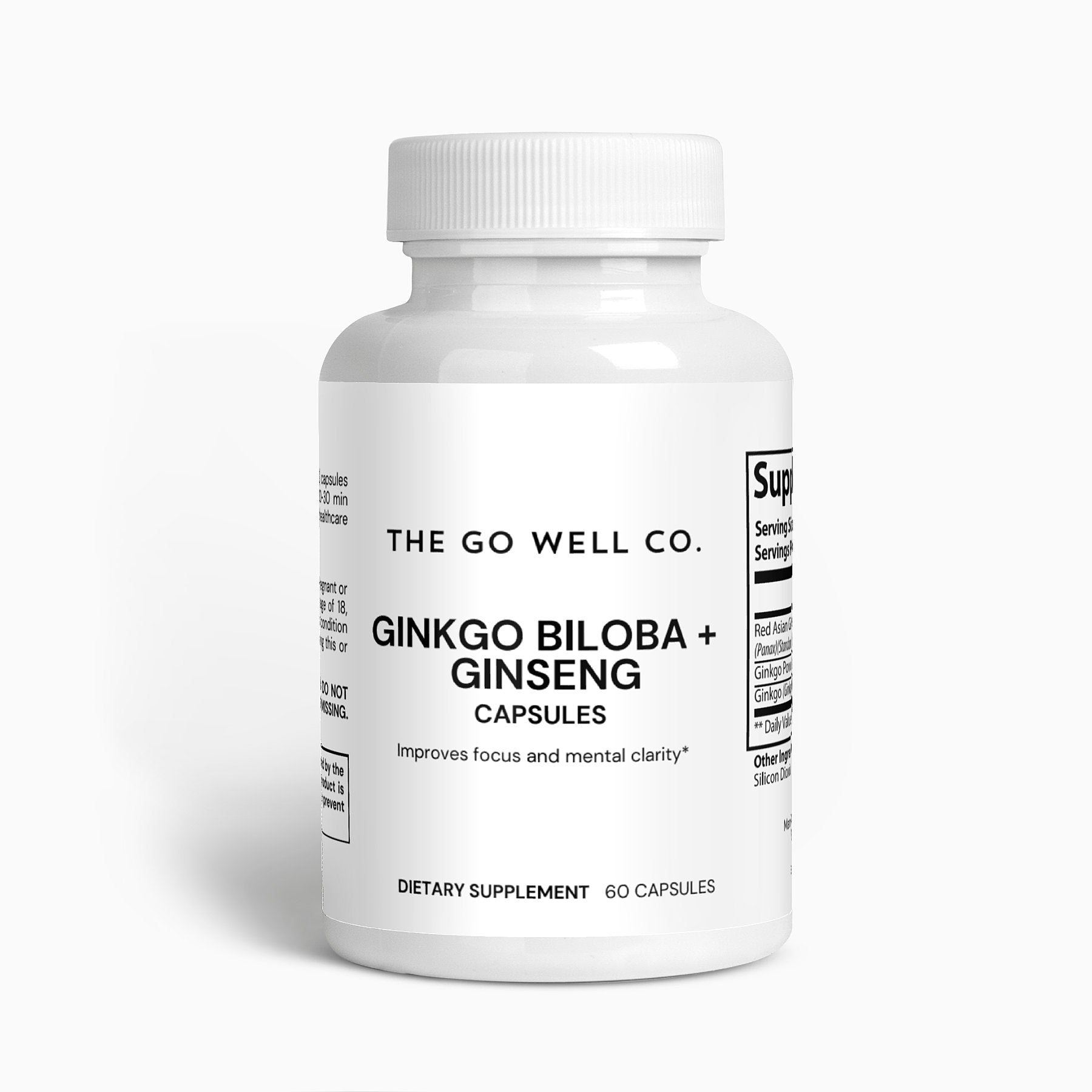 Supplement bottle labeled 'The Go Well Co. Ginkgo Biloba + Ginseng' on a white background