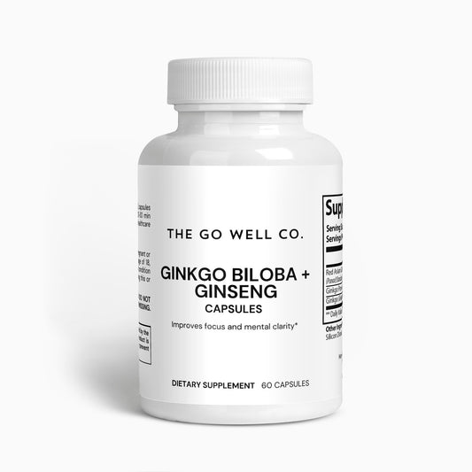 Supplement bottle labeled 'The Go Well Co. Ginkgo Biloba + Ginseng' on a white background