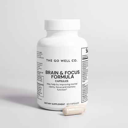 Supplement bottle labeled 'Brain & Focus Formula' from The Go Well Co. on a light gray background