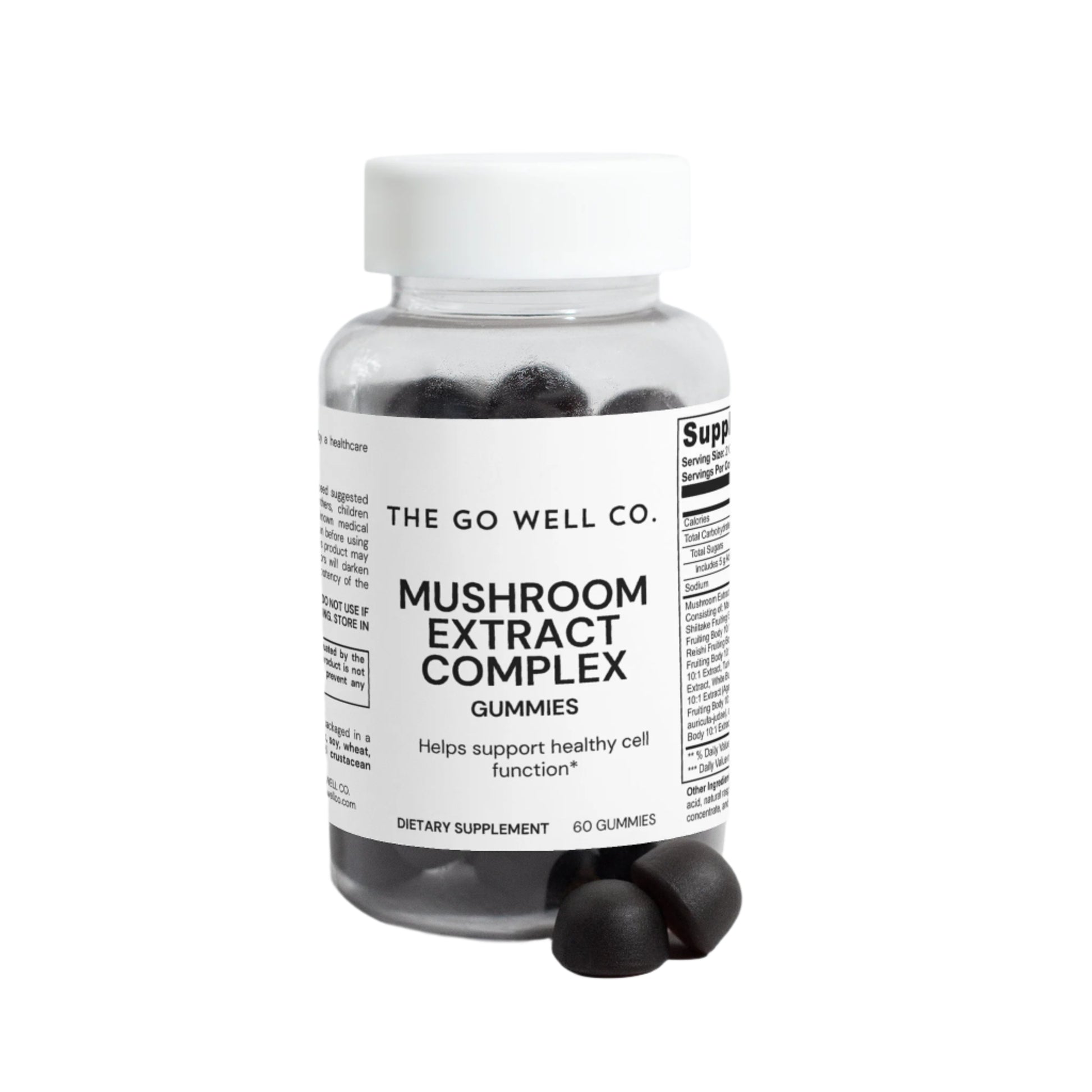 Bottle of The Go Well Co. Mushroom Extract Complex Gummies on a light gray background