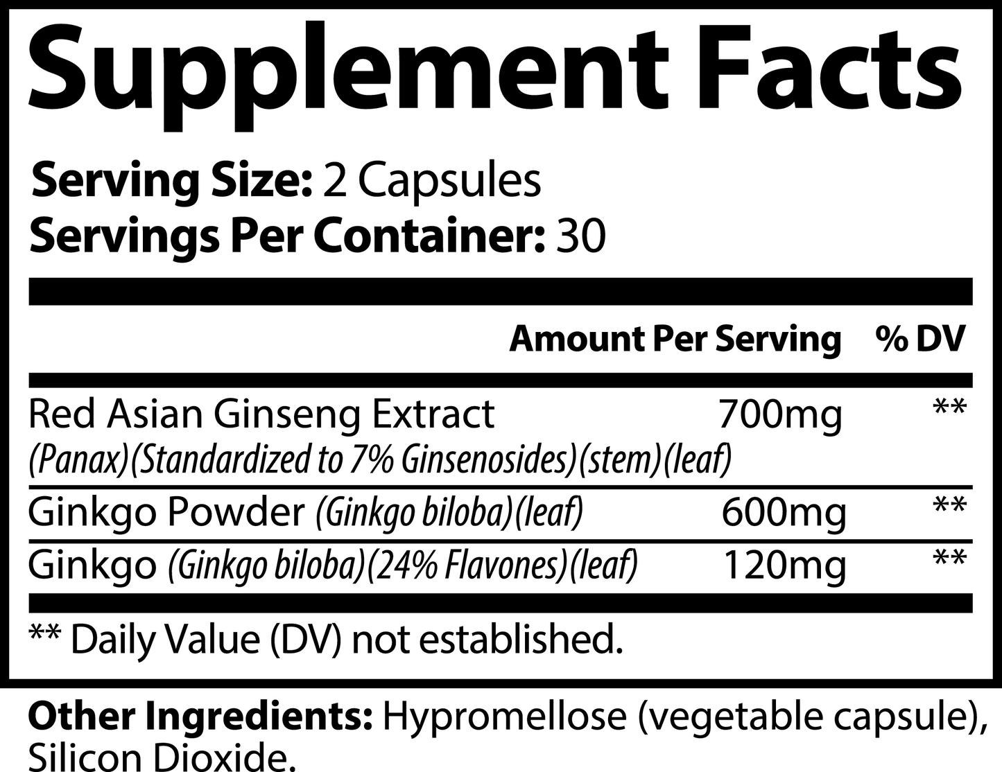 Supplement facts label with detailed nutritional information on a white background