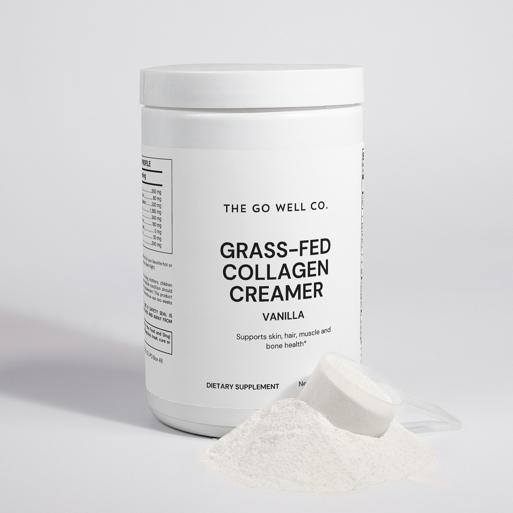 Container of Grass-Fed Collagen Creamer from The Go Well Co. on a light gray background
