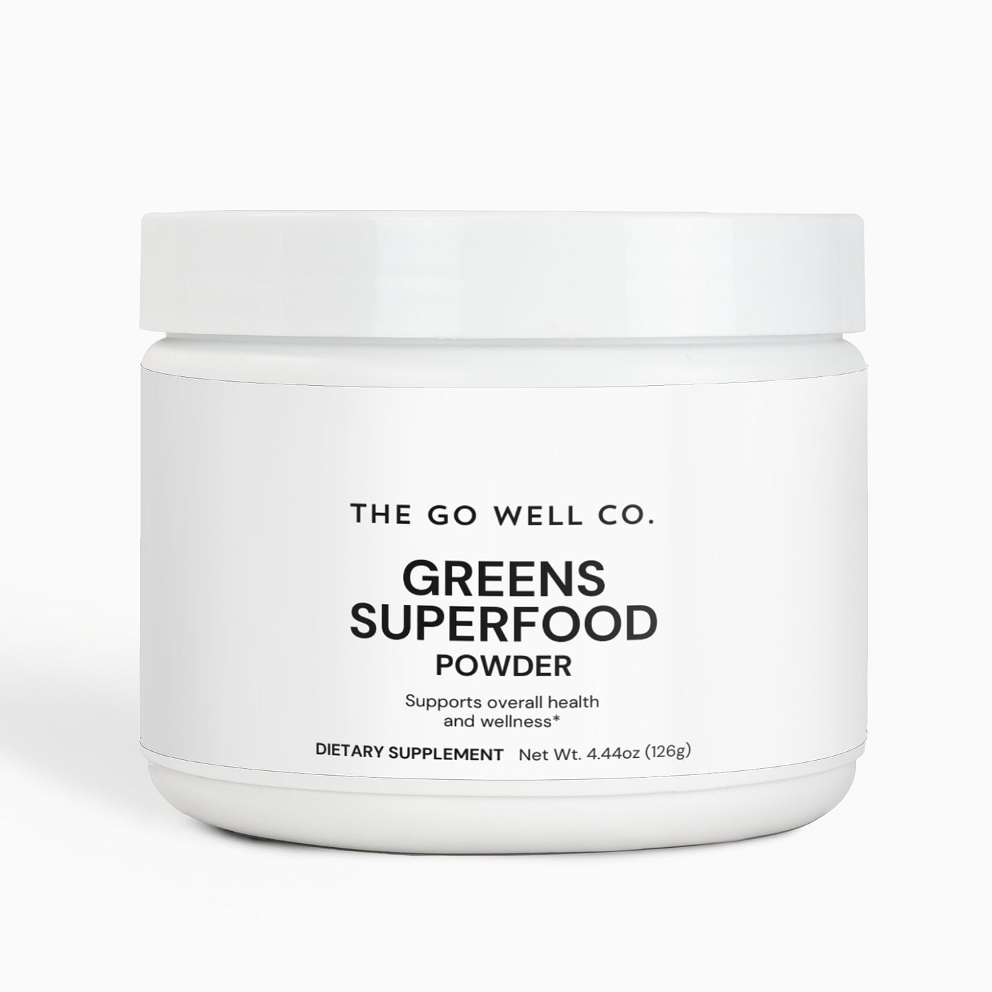 Jar of Greens Superfood Powder from The Go Well Co. on a white background