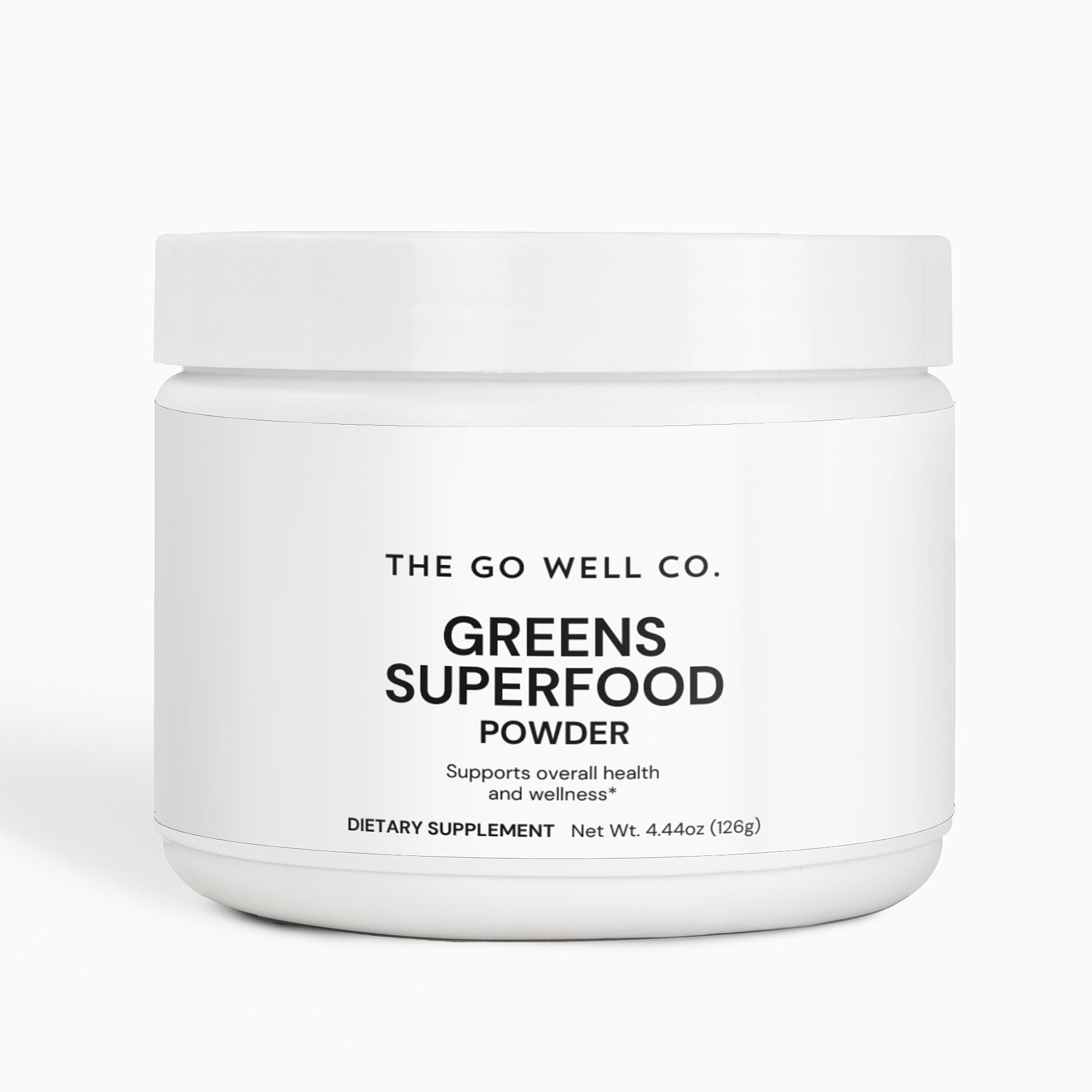 Jar of Greens Superfood Powder from The Go Well Co. on a white background