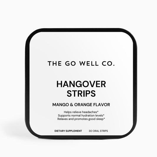 Packaging of The Go Well Co. Hangover Strips with mango and orange flavor on a white background.