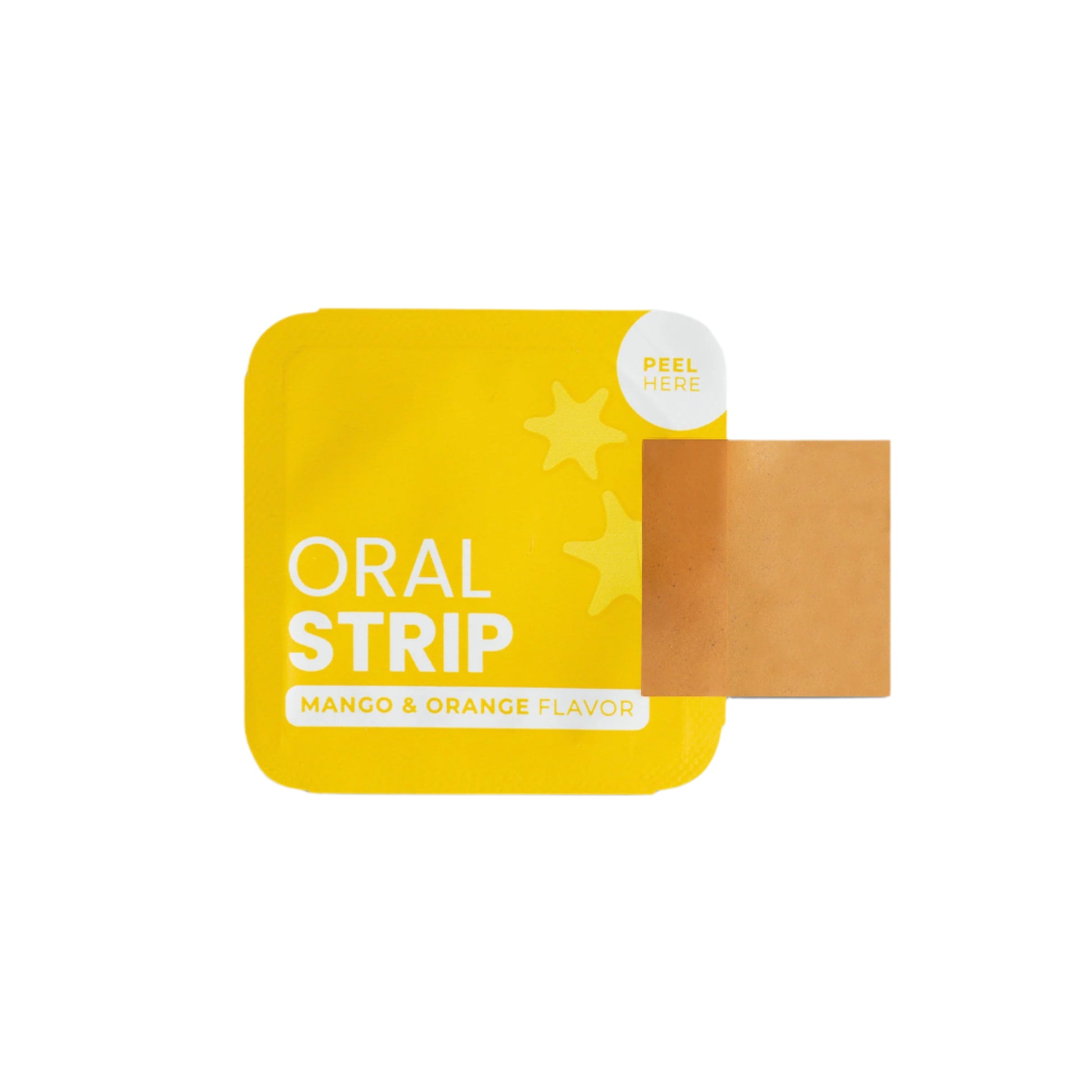 Yellow packaging of an oral strip with a brown strip inside on a white background