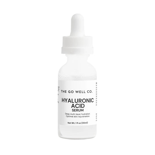Hyaluronic acid serum bottle from The Go Well Co. on a white background