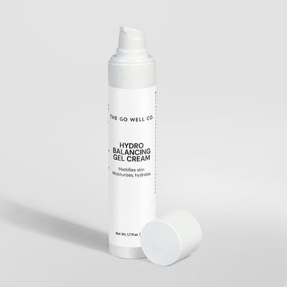 White tube of Hydro Balancing Gel Cream from The Go Well Co. on a light gray background
