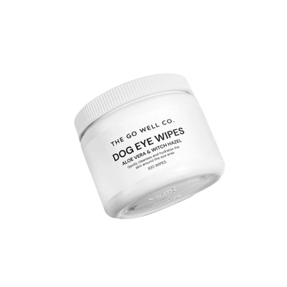 Jar of 'Dog Eye Wipes' from The Go Well Co. on a light gray background