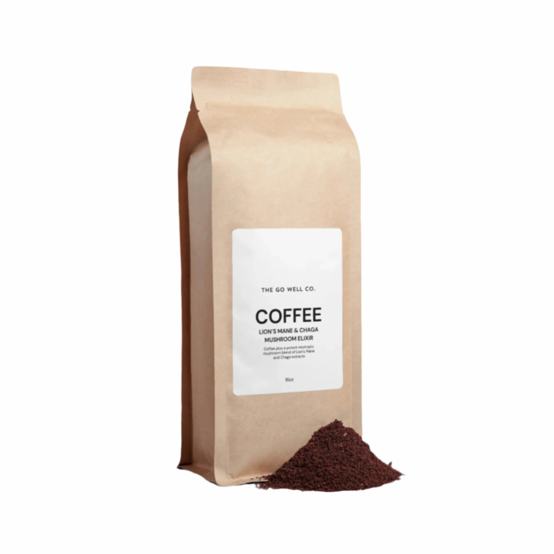 Kraft paper coffee bag with a label on a white background