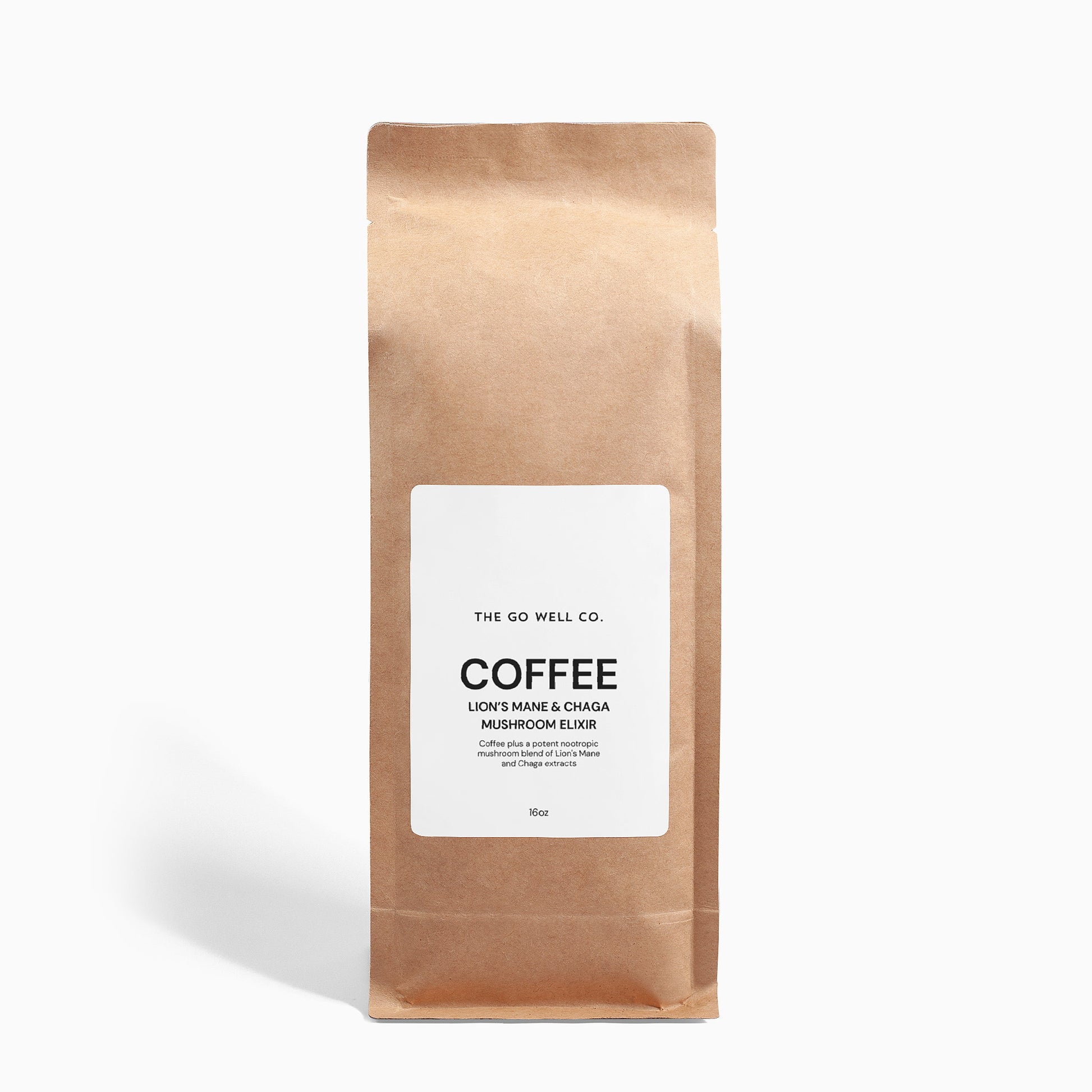 Kraft paper coffee bag with a label on a white background