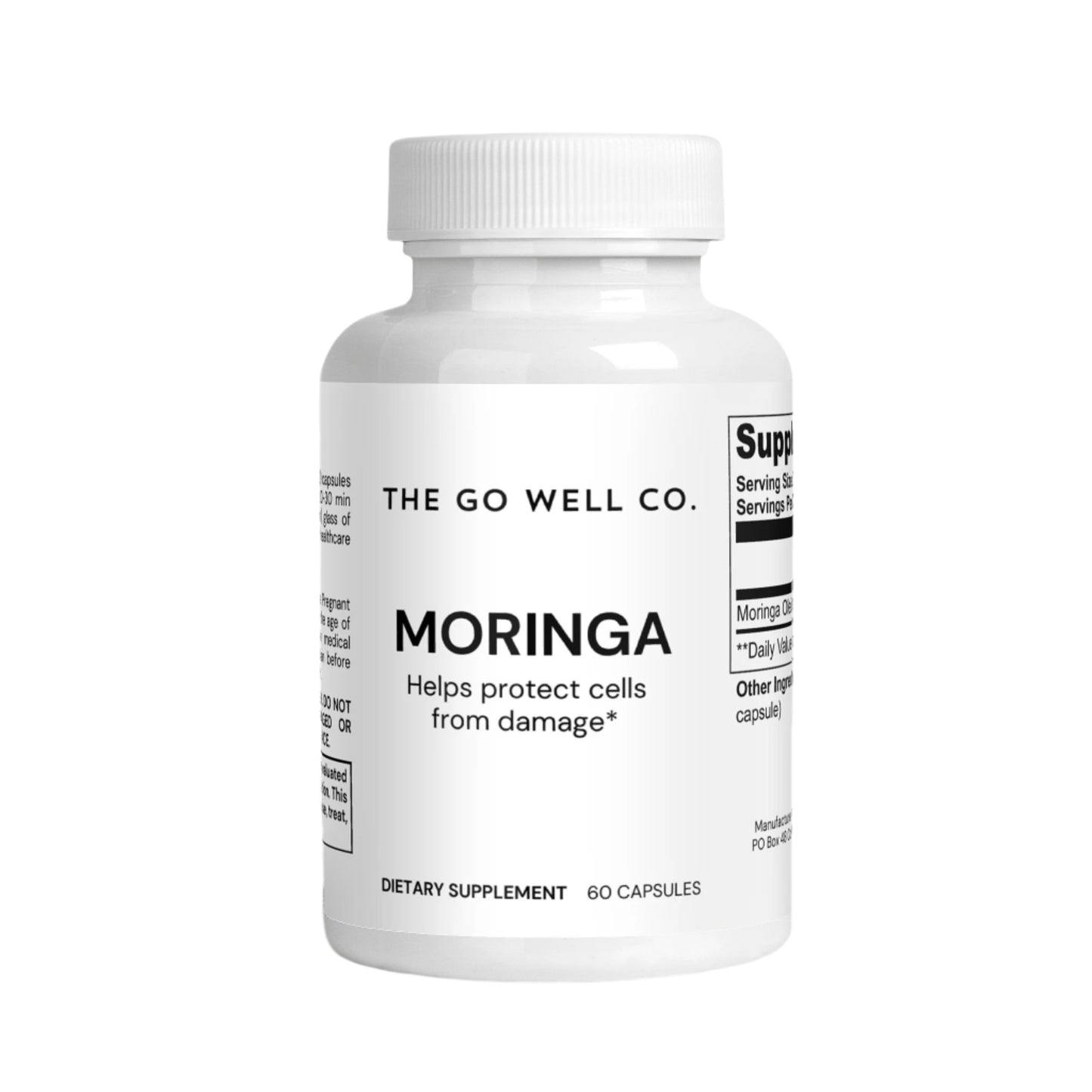 Supplement bottle labeled 'Moringa' from The Go Well Co. on a white background
