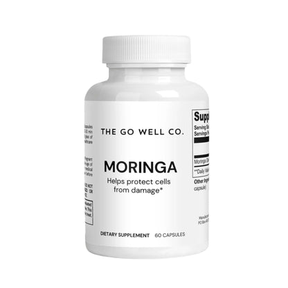 Supplement bottle labeled 'Moringa' from The Go Well Co. on a white background