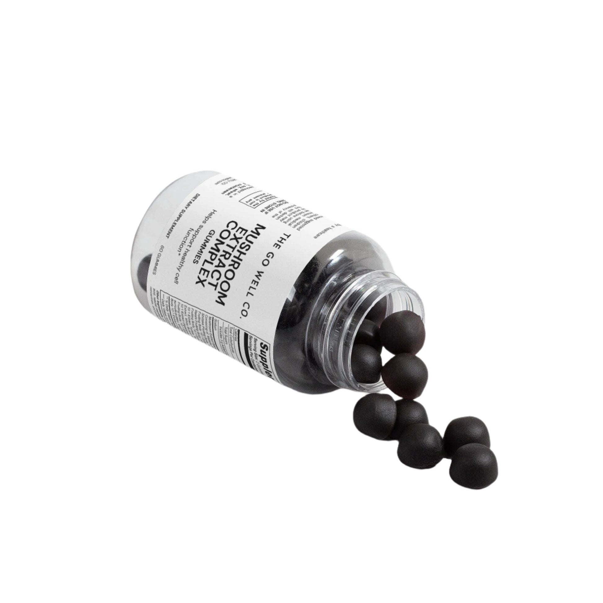 Bottle of black gummies with a label on a light gray background