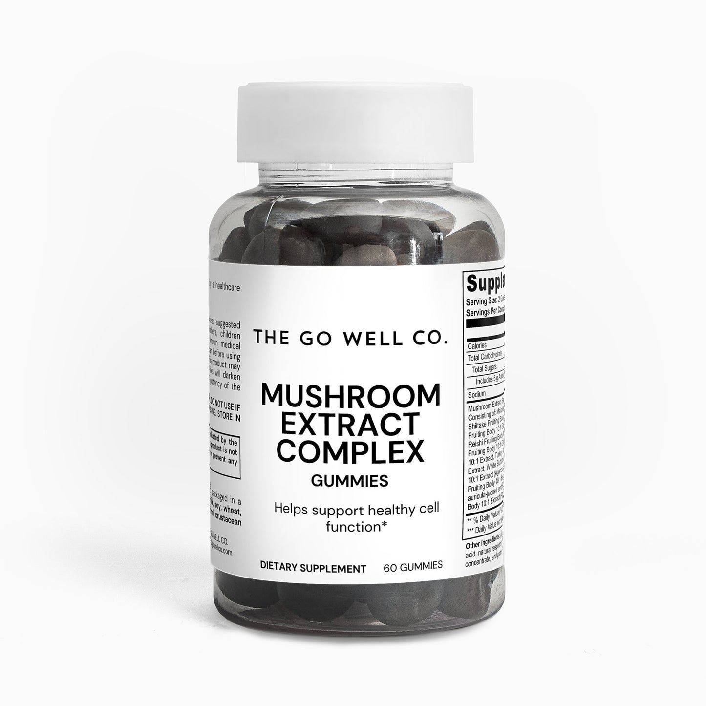 Bottle of 'Mushroom Extract Complex' gummies from 'The Go Well Co.' on a white background
